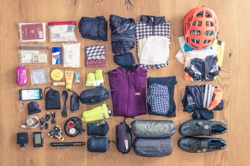 Packing list 2018 (TCRNo6). Without bike maintenance equipment (was already neatly packed in the frame triangle bag)